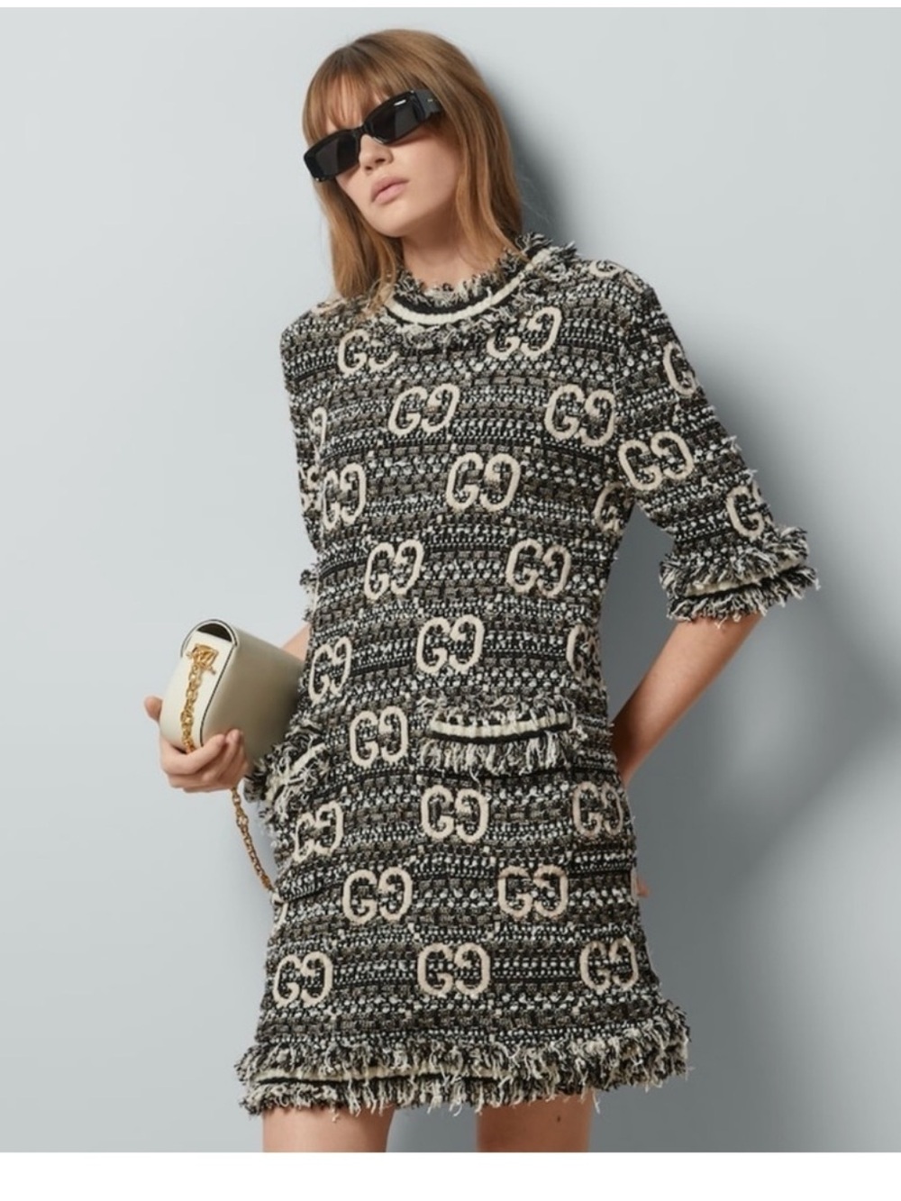 Gucci Black & Cream Tweed Mini Dress with GG Motif